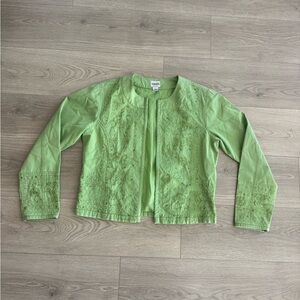 Chico's Light Green Embroidered Open-Front Jacket
